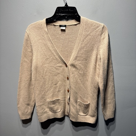 Vintage J.Crew‎ Beige Cashmere Blend Cardigan Wood Horse Buttons Elbow Pads SzM - Picture 1 of 9